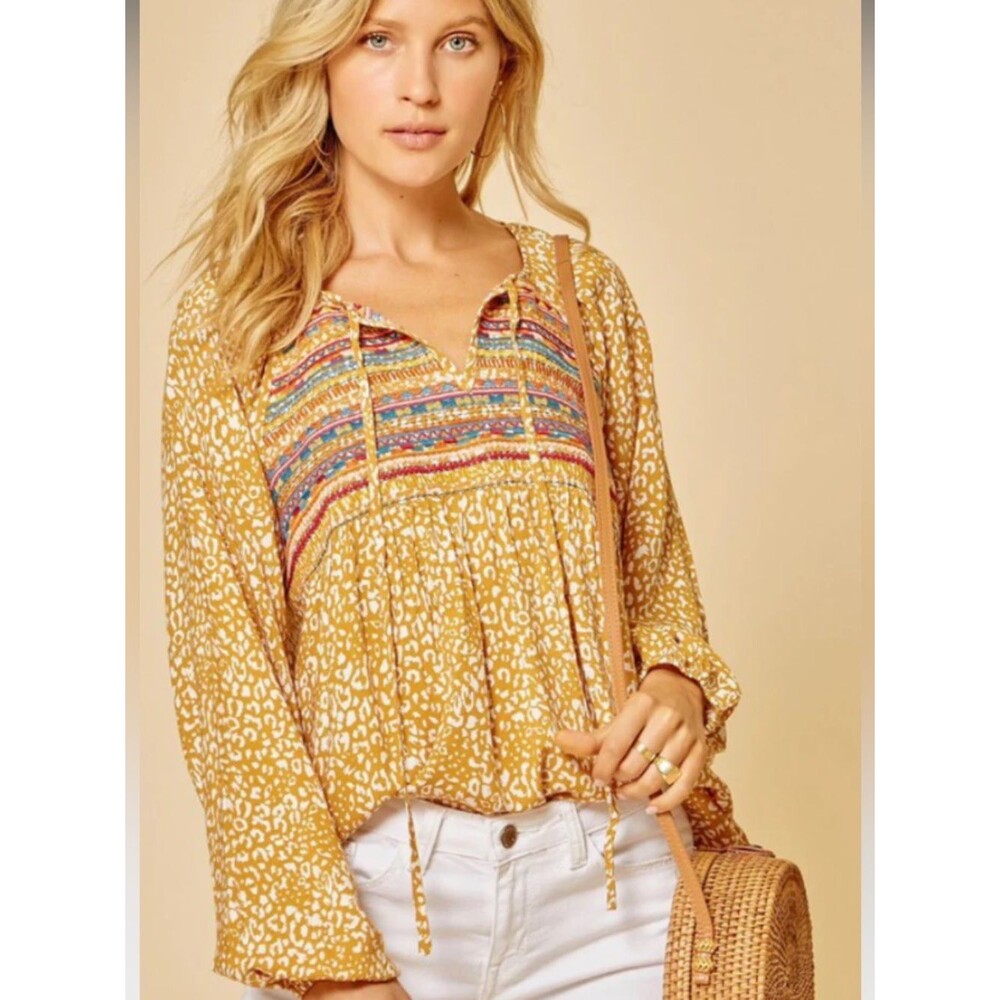 SAVANNA JANE Peasant Boho Multicolor Embroidered Marigold Blouse